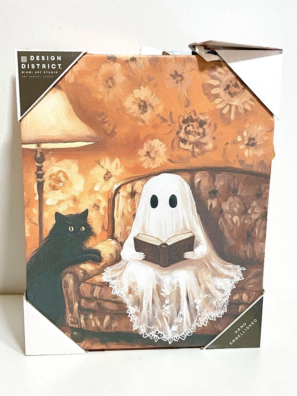 New Halloween wall art decoration with a ghost reading a book and a black cat
